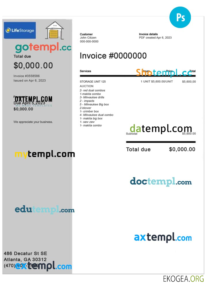 Facture de stockage de vie